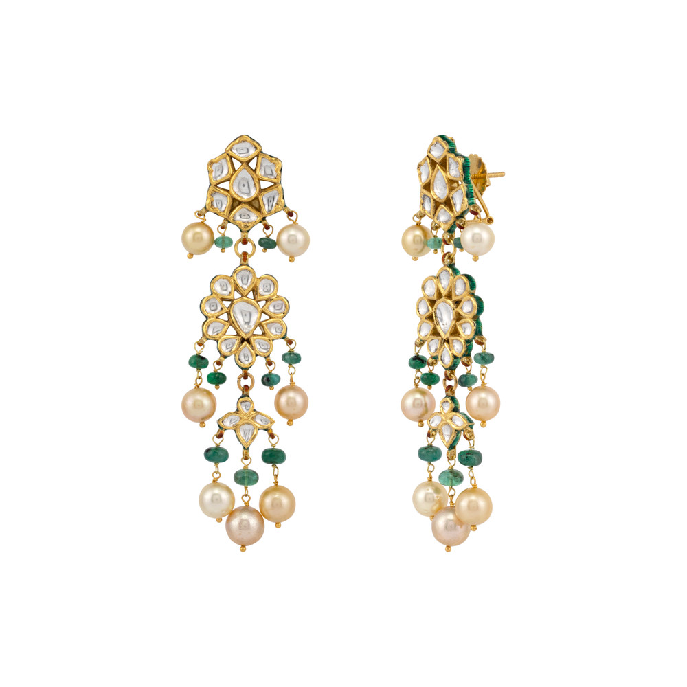 Polki Drop Earrings with Pearls and Emerald Beads